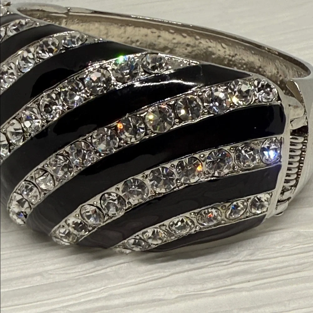 Vintage gorgeous wide Black enamel pave rhinestone Bracelet art deco disco glam